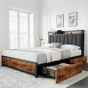 Queen Size Rustic Brown Linen Upholstered Platform Bed Frame with 4 Storage Drawers Heavy Duty Metal Support Built in Charging Station Noise Free Design No Box Spring Needed Sturdy Quiet Bedroom Furniture for Home Guest Room
