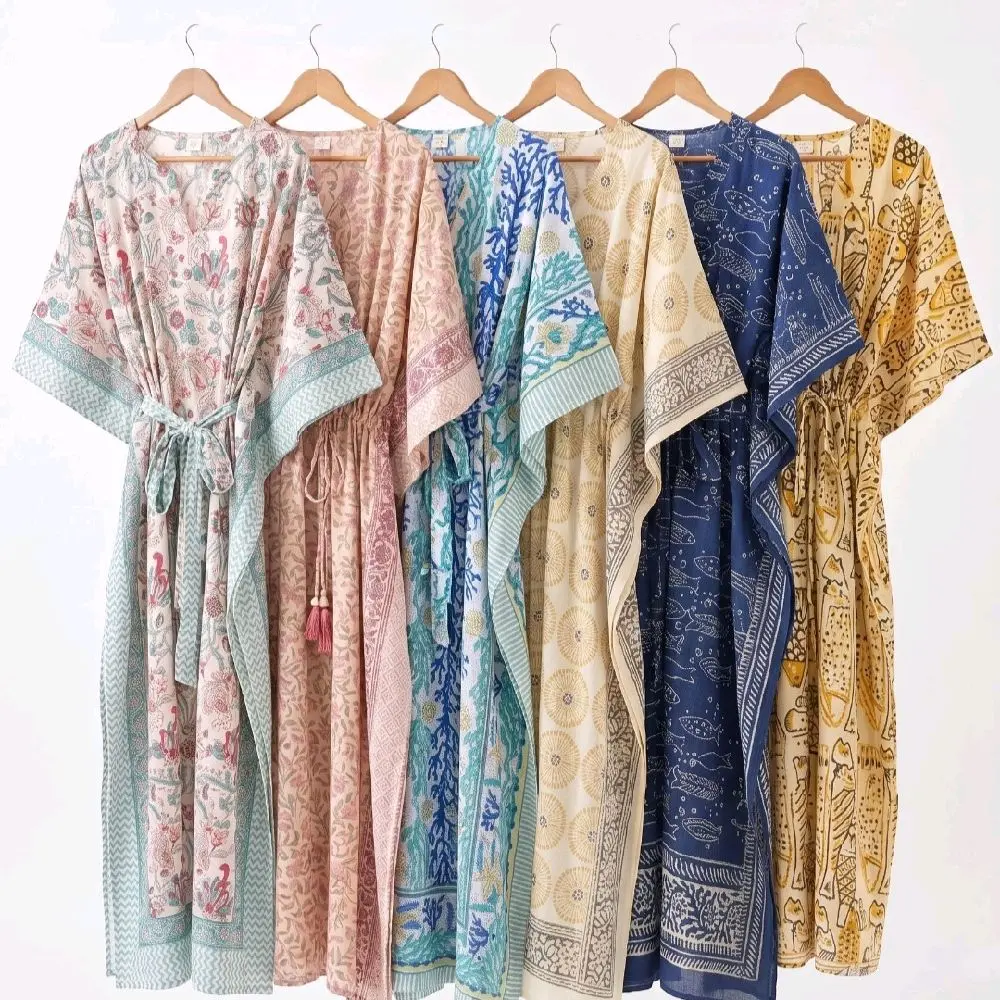 100% Organic Cotton Kaftan, Breathable Lightweight, Luxury Resort Maxi Boho Dress, Chic Summer Dress, Summer Loungewear, Beach Coverup, Floral Print Kaftan, Long Short Kaftan - One Size, Fits up to 3XL Casual Womenswear Adjustable Drawstring