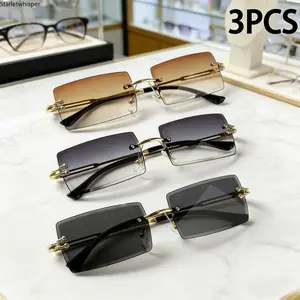 3-Pack Trendy Rimless Rectangle Sunglasses for Women & Men, Brown Tinted UV400 Protection Shades, Minimalist Y2K Style Eyewear Perfect for Summer, Travel & Daily Streetwear