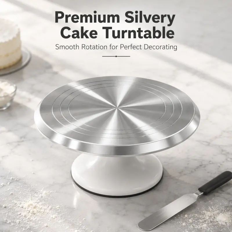 This high-quality aluminum cake turntable rotates smoothly and is suitable for professional cake decorating and piping.