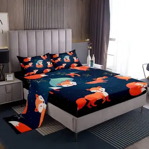 Cartoon Fox Bedding Sheet,Fox Print Luxury Bedding Set,3D Animal Theme Easy Care Home Decor Idea Bed Sheets,Galaxy Woodland Fox Bed Sheet Set