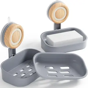 Double Layer Soap Dish for Shower 2 Pack, Wall Mounted Bar Soap Holder Suction Cup 2 Layer Self Draining Soap Case Sponge Holder for Shower Bathroom, Tub and Kitchen Sink, Grey