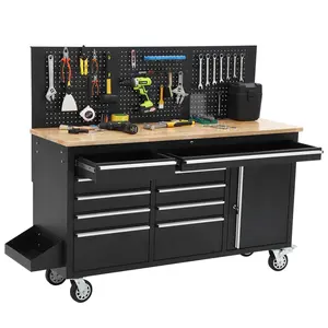 61-Inch Heavy Duty Rolling Tool Chest Workbench, 10 Drawers + Lockable Cabinet, Rubber Wood Top, Built-in Power Strip with USB, 1675 lbs Capacity, Black, for Garage/Workshop