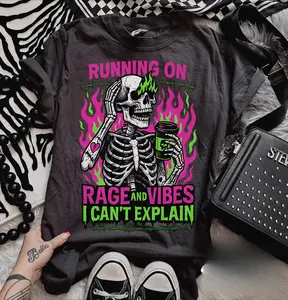 Mens Graphic Tee Running On Rage And Vibes Skeleton Coffee Print Casual Design T Shirt Streetwear Style Crewneck Short Sleeve Soft Cotton Breathable Comfortable Fit Relaxed Fit Daily Wear Sarcastic Humor Spooky Trendy Aesthetic Fashion Top