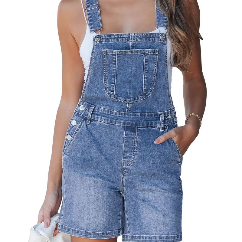 luvamia Women's Relaxed Fit Stretch Denim Bib Shortalls - Classic Denim Cotton Blend, Adjustable Straps, Casual Side Button, Modern Vibe, Standard Size Women's Overalls Shorts