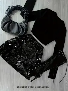 Elegant Women's Round Neck Long Sleeve Top and Sequined Skirt Set, Fashionable Two-Piece Outfit, No Accessories Included, Womenswear