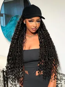Long Braided Knotless Boho Wig with Baseball Cap, Boho Style Synthetic Curly Hair Full Machine Wigs for Women, Fashionable Hair Wigs for Daily & Workplace Accessories, Synthetic Material Wigs, Machine Made Wigs