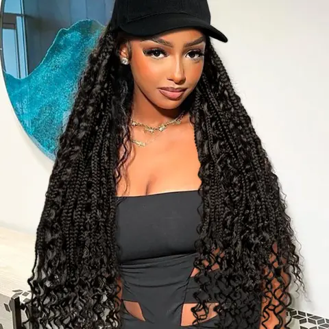 Long Braided Knotless Wig with Baseball Cap, Boho Style Synthetic Curly Hair, Full Machine Made Wigs for Women, Fashionable Hair Wigs for Daily & Workplace Accessories, Synthetic Material Wigs, Bohemian Curls Wig