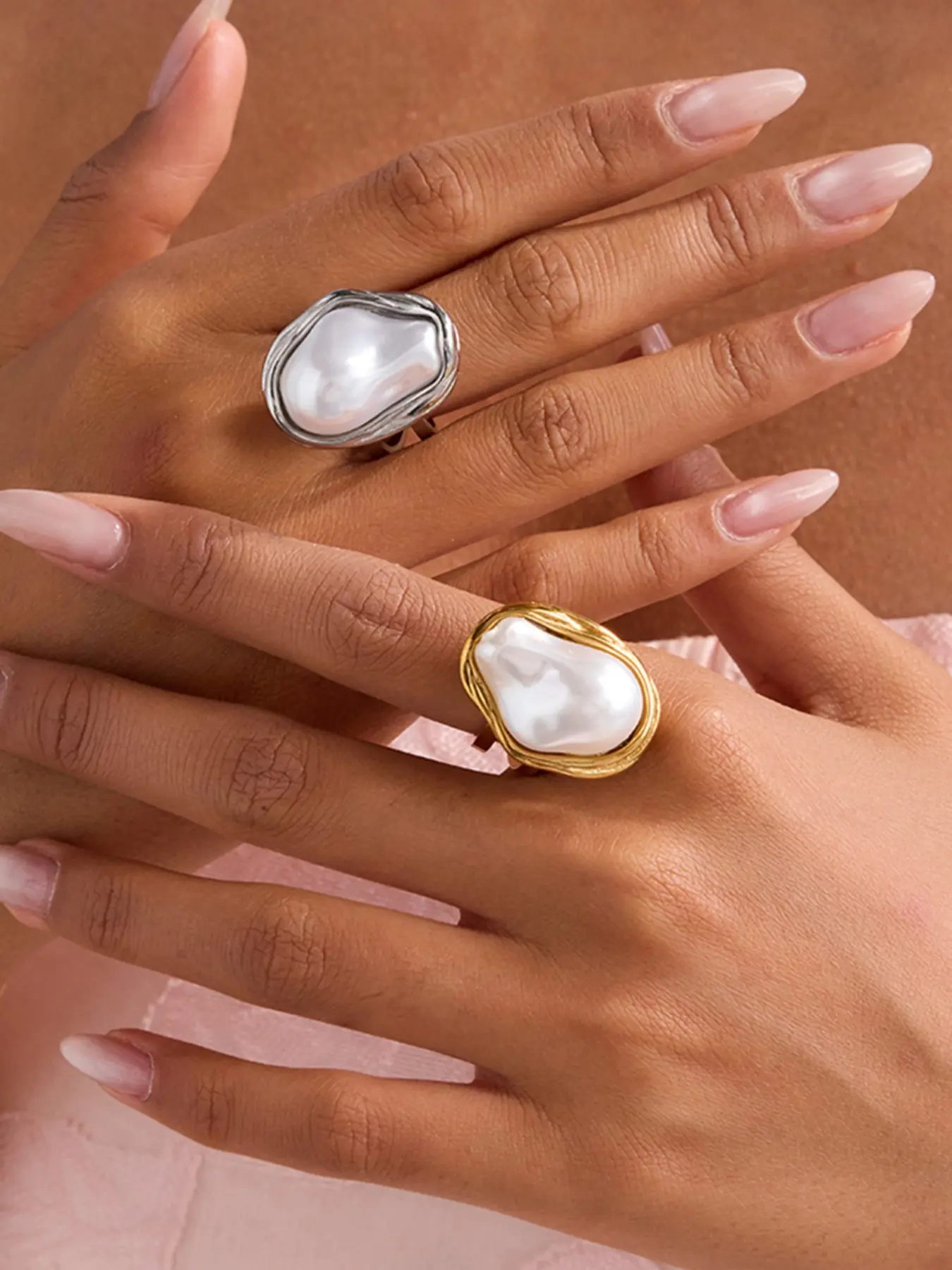 Ladies Ring Set Pearl Rings Irregular Resin Pearl Embellished Fine Texture Stainless Steel 18k Gold Plated Anti Allergy Elegant Baroque Style Charming Jewelry