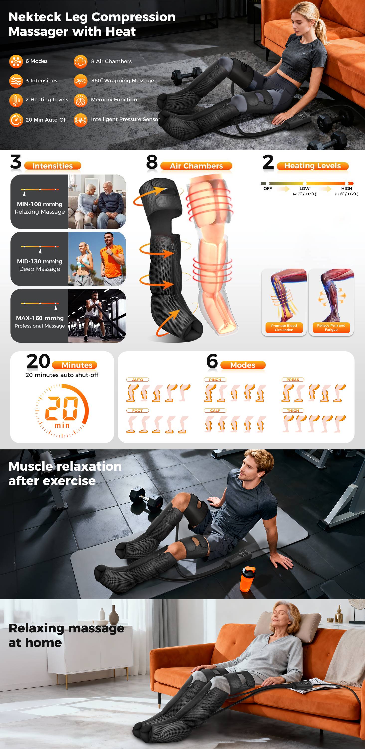 Nekteck Leg Massager 3-in-1 Foot Calf Thigh Massager with Heat Compression Therapy for Relaxation Recovery Air Compression Wraps