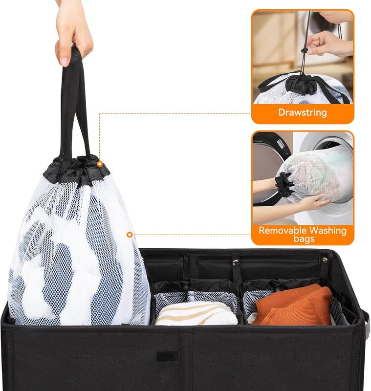 Laundry Hamper with Lid,160L Large Laundry Basket 3 Section with Removable Washing Bags,Collapsible  Dirty Clothes Hamper for Laundry Room Bathroom Dorm,Black