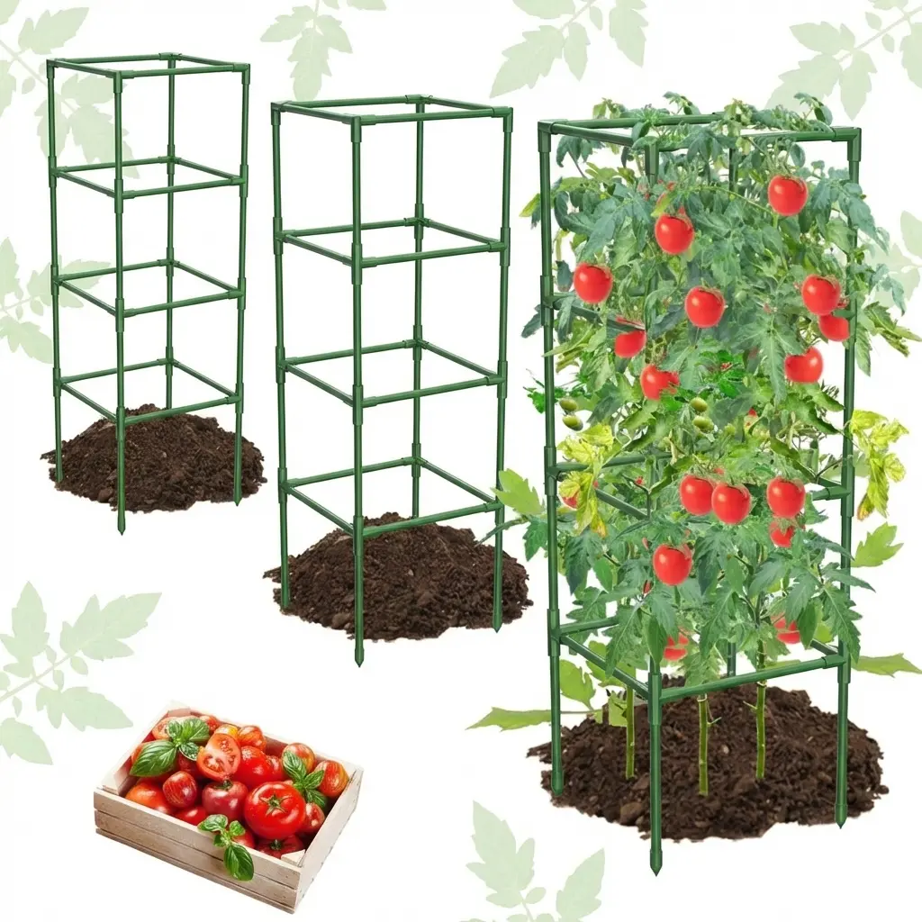 Garden Supplies 3-Pack Modern Square Tomato Cages - Adjustable Height Extra-Thick Metal Vertical Trellis, Raised Bed Backyard Accessories for Climbing Plants, Full Exposure to Sunlight for Flavorful Fruits, Supports Tomatoes Peppers in Greenhouses