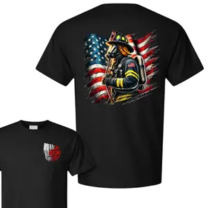 Firefighter American Flag T-Shirt, Heroic Fireman Graphic Design, Patriotic Black Tee, Soft Cotton Blend Shirt for Firefighter Supporters, Gift for Firefighters
