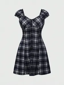 ROMWE Grunge Punk Schoolgirl Style Contrast Lace Ruffle Hem Waist Cinched Plaid Puff Sleeve Mini Dress For Women