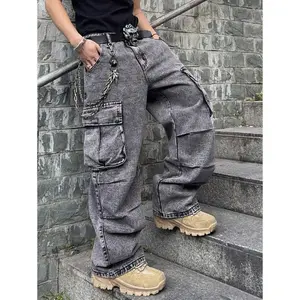 Men's Loose Fit Cargo Jeans with Flap Pockets & Side Panels (Without Belt)