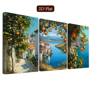 3 Piece Framed Mediterranean Island Wall Decor, Tropical Fruit Canvas Art, Coastal Village Poster, Classroom Decoration, Home Office, Bathroom