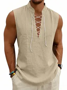 Men's linen button-down shirt, loose and breathable sleeveless belted vest, summer retro beach Bohemian style outfit, comfortable and fashionable casual wear, outdoor sports beach vest