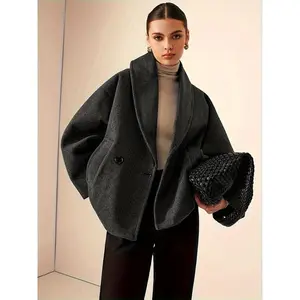 Women's French Tweed Double-Breasted Coat - Mist Gray Fleece Jacket, Simple Cut, Drop Shoulder Design, Machine Washable, Suitable for Casual to Formal Occasions Elegant Wear Womenswear Tops