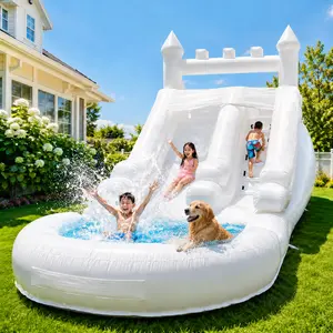 13' x 21' Commercial Rental Grade White PVC Inflatable Water Slide with Splash Pool & 750W Air Blower for Backyard kids adults Summer Fun Parties