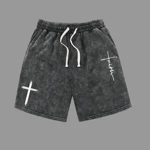 Men’s summer athletic shorts with cross pattern prints and faith art font prints; washed distressed cotton fabric. Casual loose fit with a drawstring waist and pockets. Retro street style from the 2000s—ideal for running, golf, fishing, basketball, campin