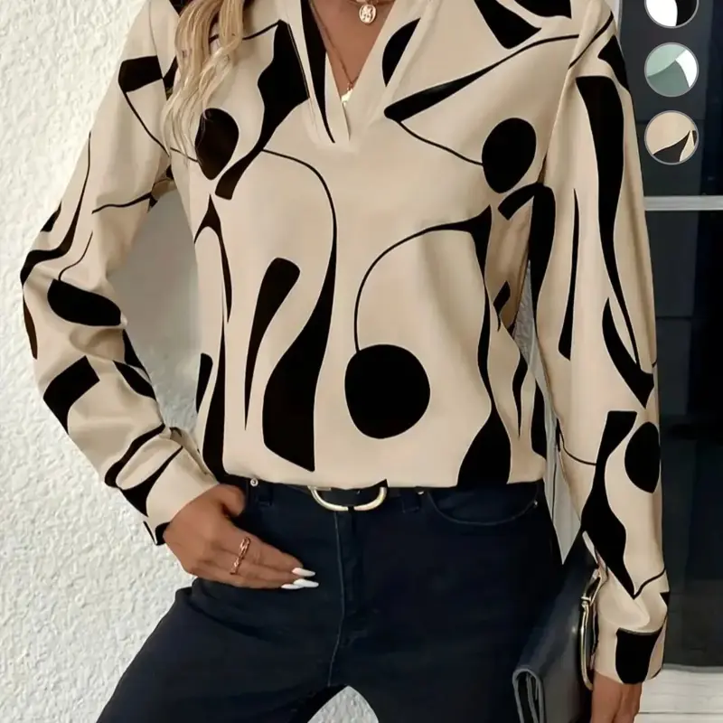Women's Abstract Graphic Print Notched Neck Blouse, Casual Elegant Long Sleeve Top for Work Office Business, Ladies Clothes for All Seasons, Casual Classy Fashion, Casual Fashion Wear, Blouses Shirts Tops