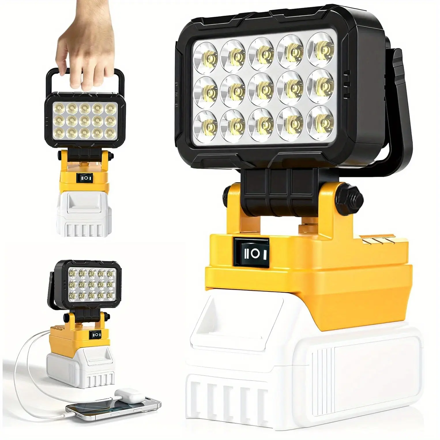 Cordless LED Floodlight - Outdoor Portable Work Lamp for Jobsite, 145° Adjustable Angle, 2 USB Charging Ports, Compatible with Dewalt 20V MAX Battery (Battery Not Included), Portable Lamps