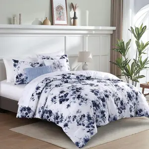 Cotton Comforter Set  Size, 5 count Blue and White Floral Comforter Bedding Sets with Pillow Shams, Lightweight Comforter Bed in a Bag for All Season