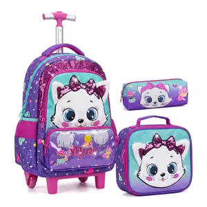 Glitter Plush Cat Rolling Backpack Set for Girls | Insulated Lunch Bag + Pencil Case | Meow Back to School kid