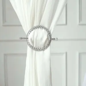 Set of 2 6" Silver Acrylic Braided Barrette Style Curtain Tie Backs With Crystal Diamond Studded Edge, Round Backdrop Drapery Brooch Holdbacks