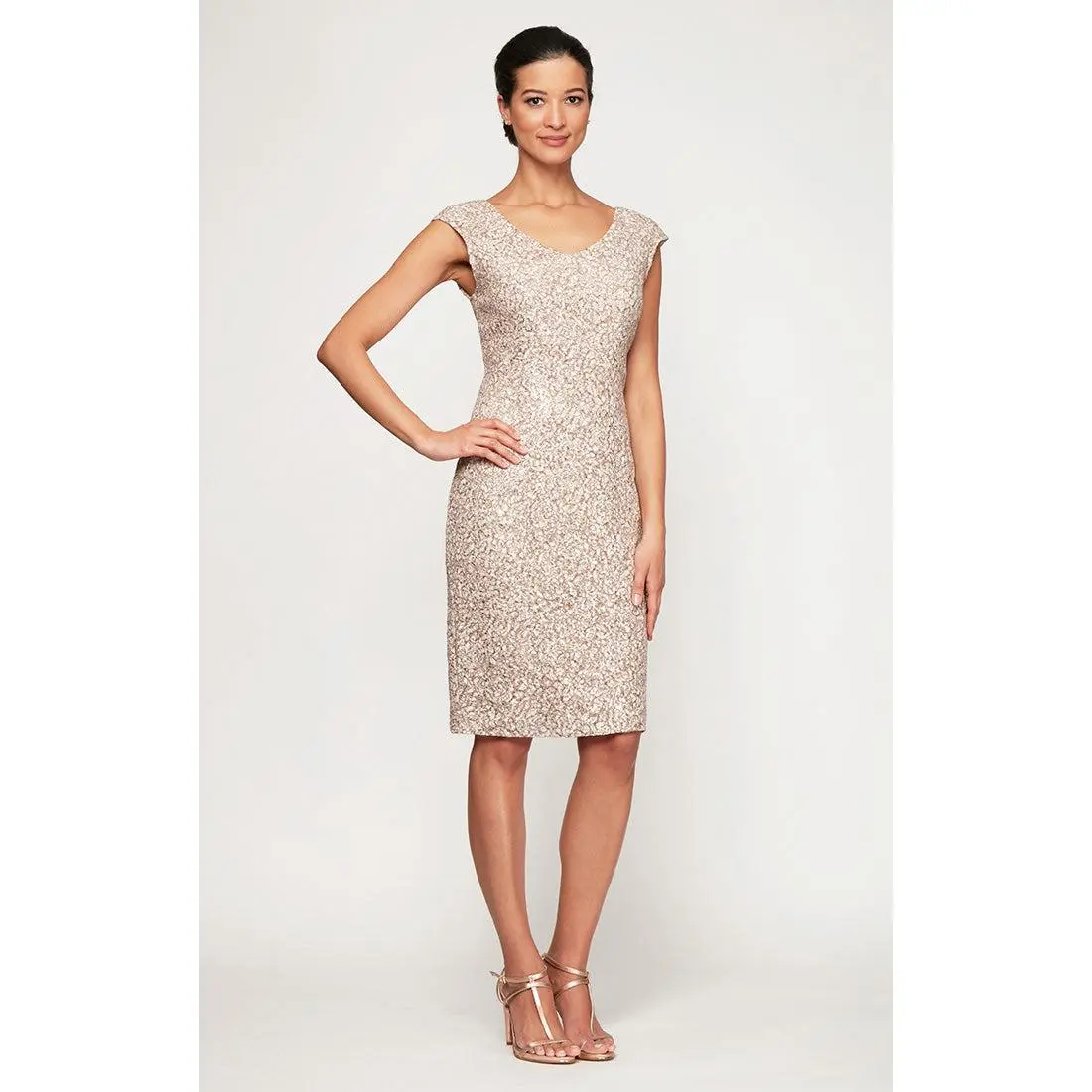 Petite Short V-Neck Sheath Dress With Cap Sleeves and Cording Detail