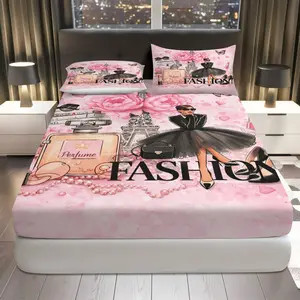 3Pcs Fashion Paris Perfume Fitted Sheet Three Piece Set (1*Fitted Sheet+2*Pillowcases, Coreless), Valentine's theme, Luxury Bedding Set, Mattress protector Soft, Breathable