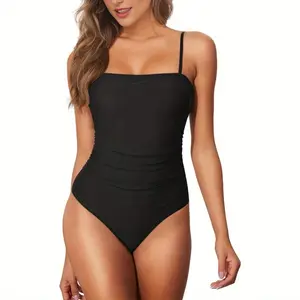 Women's basic swimsuit with abdominal control, one-piece swimsuit, square neck, halter strap, pleated tight solid color swimsuit