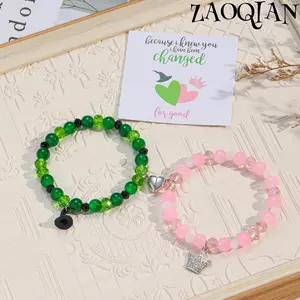 Valentine's Day Wicked Friendship Matching Bracelets - Green Pink Bead Matching Necklace, Unisex, Alloy, Elegant Jewelry for Daily Wear