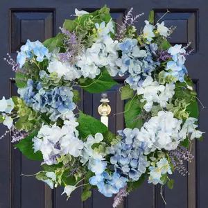 Spring Wreath Artificial Hydrangea Eucalyptus 20IN with Lavender, Light Blue White Green, Spring Easter Summer Front Door Wall Décor