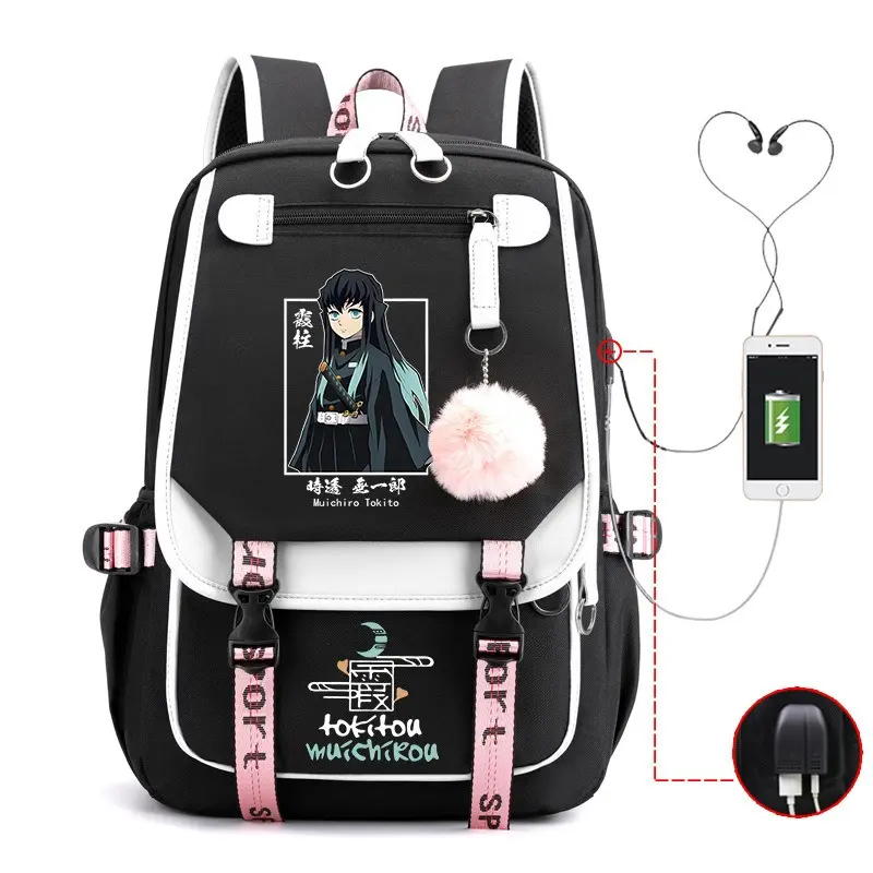 Demon Slayer USB Laptop Backpack, Kimetsu no Yaiba Anime School Backpack, Large Capacity Ergonomic Student Bookbag with USB Charging Port, Casual Travel Daypack for Boys Girls Teens, Back to School