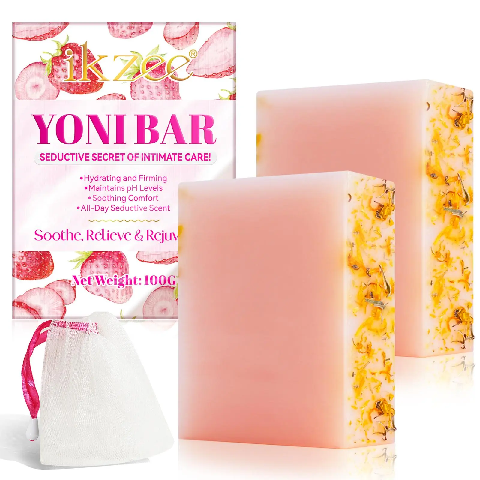 Ikzee Yoni Strawberry Coconut Glycerin Soap with Foam Net, Moisturizing Cleansing Ph Balance, Safe Gentle Ingredients, Scented, Women's Personal Care, 2 Pack, 100g Each