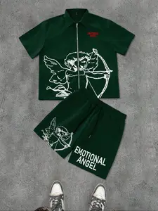 Two-piece Set Men's Angel Print Zip Up Jacket & Shorts, Regular Fit Casual Street Short Sleeve Collared Outerwear & Drawstring Waist Shorts, Men's Summer Shortsleeve Clothes, Top Shorts Set