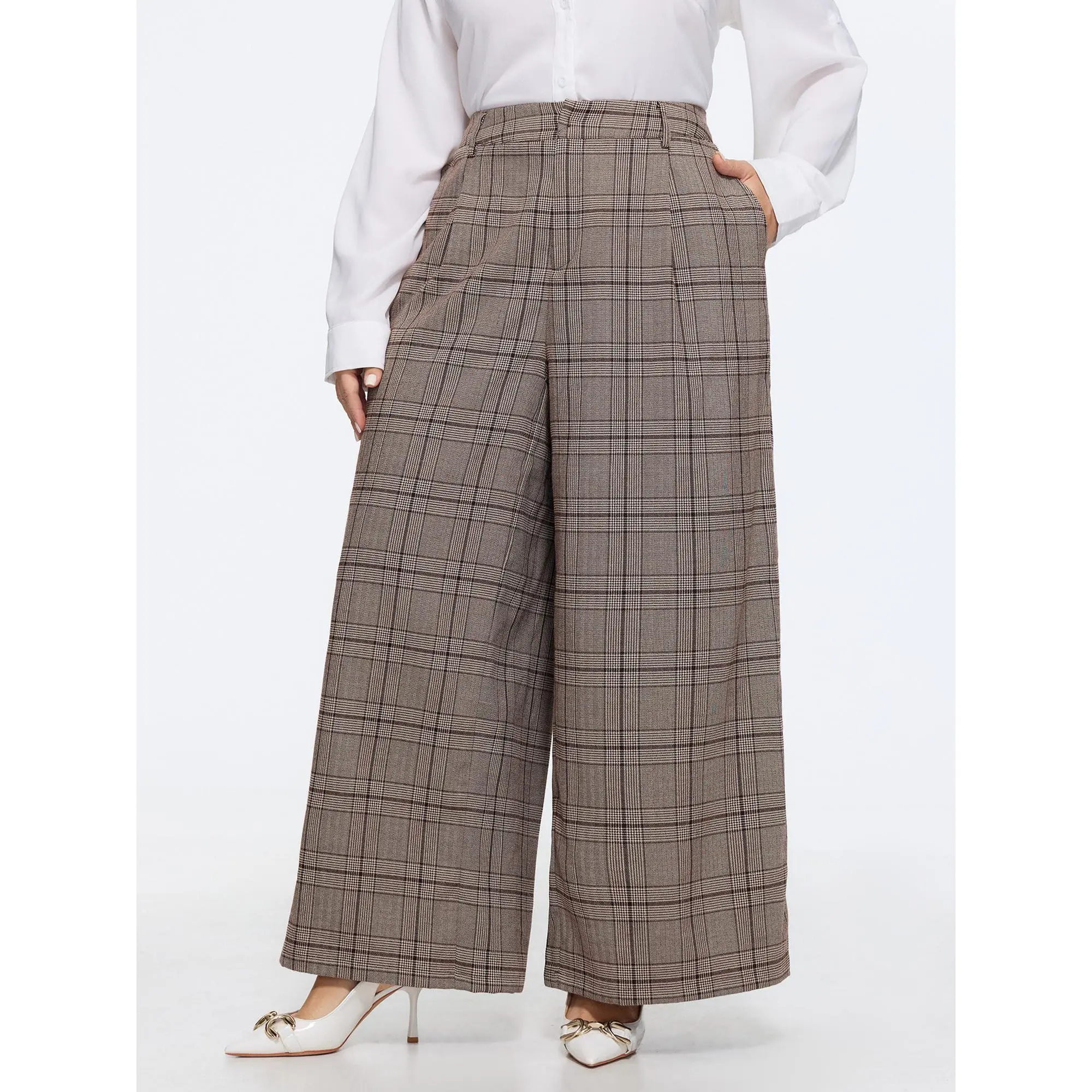 BloomChic Plus Size Plaid Print Wide-Leg Pants 2026 [M-6X]Summerfinds