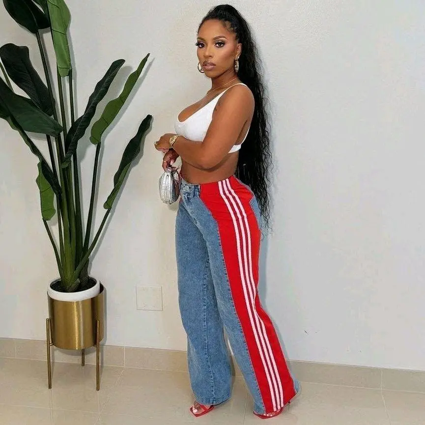 Women's 2026 Plus-Size 5XL Comfortable Vintage Style Streetwear Wide-Leg Striped Denim Jeans - Casual Everyday Women's Bottoms Fit Loose Womenswear Love Straight Trouser Pants Basic Minimalist Red Winter