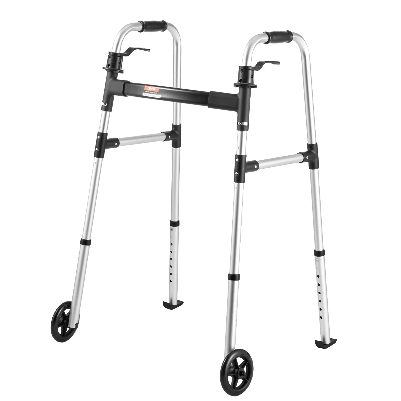 VEVOR Stable Lightweight Aluminum Folding Walker, 2-Button Collapsible Mobility Aid with 5" Smooth Wheels, 8-Level Adjustable Height, 350 lbs Load Capacity for Seniors, Adults & Daily Walks