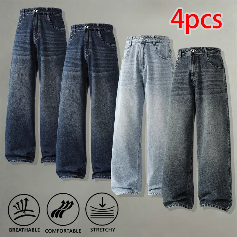 Breathable, washable loose wide-leg long pants, 4-pack — skin-friendly denim for travel and commuting