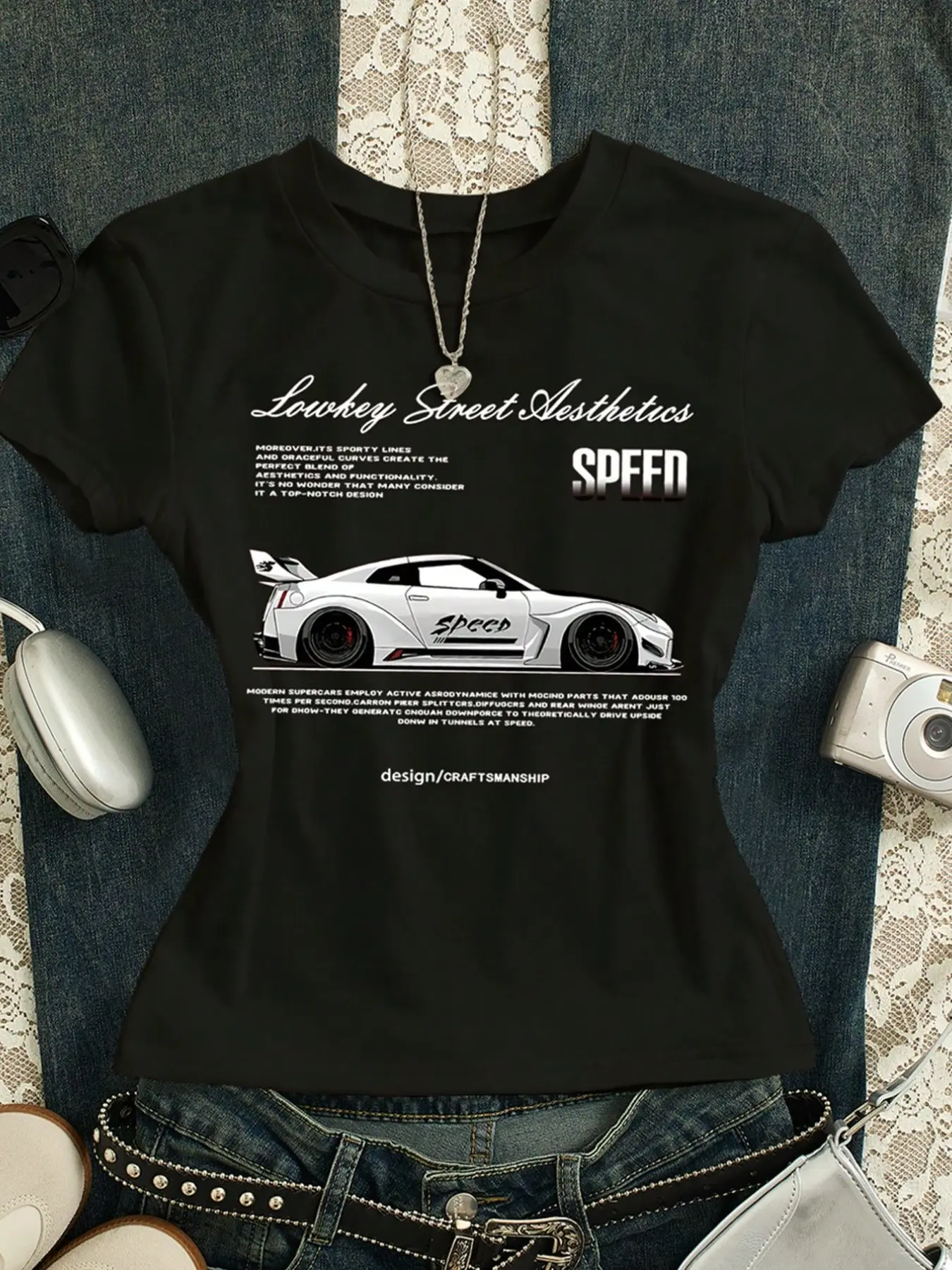 JDM Speed Car Graphic Baby Tee Crewneck, Round Neck Y2K Streetwear Cotton Crop Top | Lowkey Street Aesthetics, Car Enthusiast, Retro 90s, Racing Vibes, Summer Outfit, Casual Street Style, Soft Breathable Fabric, Automotive Culture