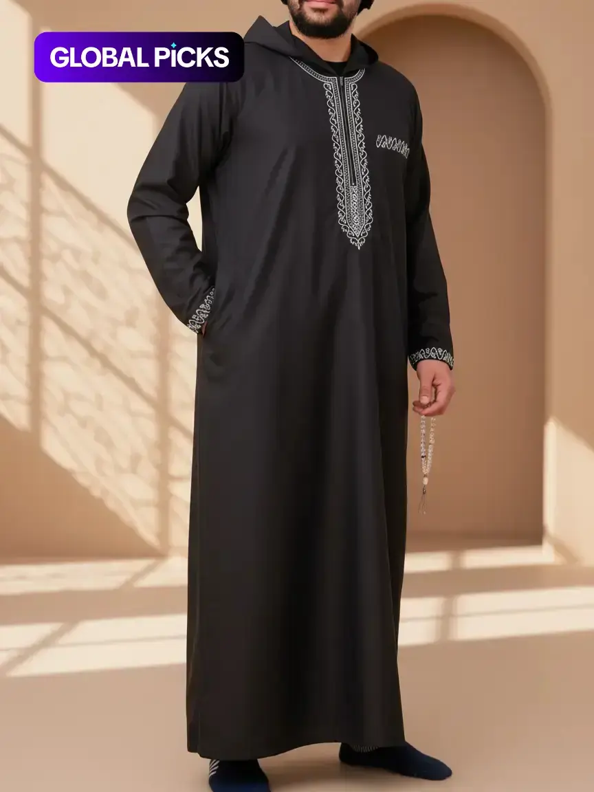 Men's Ethnic Pattern Embroidery Zipper Hooded Robe, Traditional Long Sleeve Pocket Jubba Modesty Muslim Thobe, Saudi Thobe for Daily Wear, Men's Islamic Clothing for All Seasons, Traditional Arabic Robe