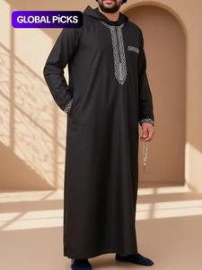 men's ethnic pattern embroidery zipper hooded robe, modesty traditional long sleeve pocket jubba thobe for daily wear, men's islamic clothing for all seasons, thobes for men, summer clothes for muslim, mens clothing, thobe combo, traditional arabic robe