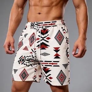 Men’s shorts with Aztec geometric print and drawstring, lightweight quick-dry casual bottoms, breathable summer beach shorts for outdoor and everyday wear