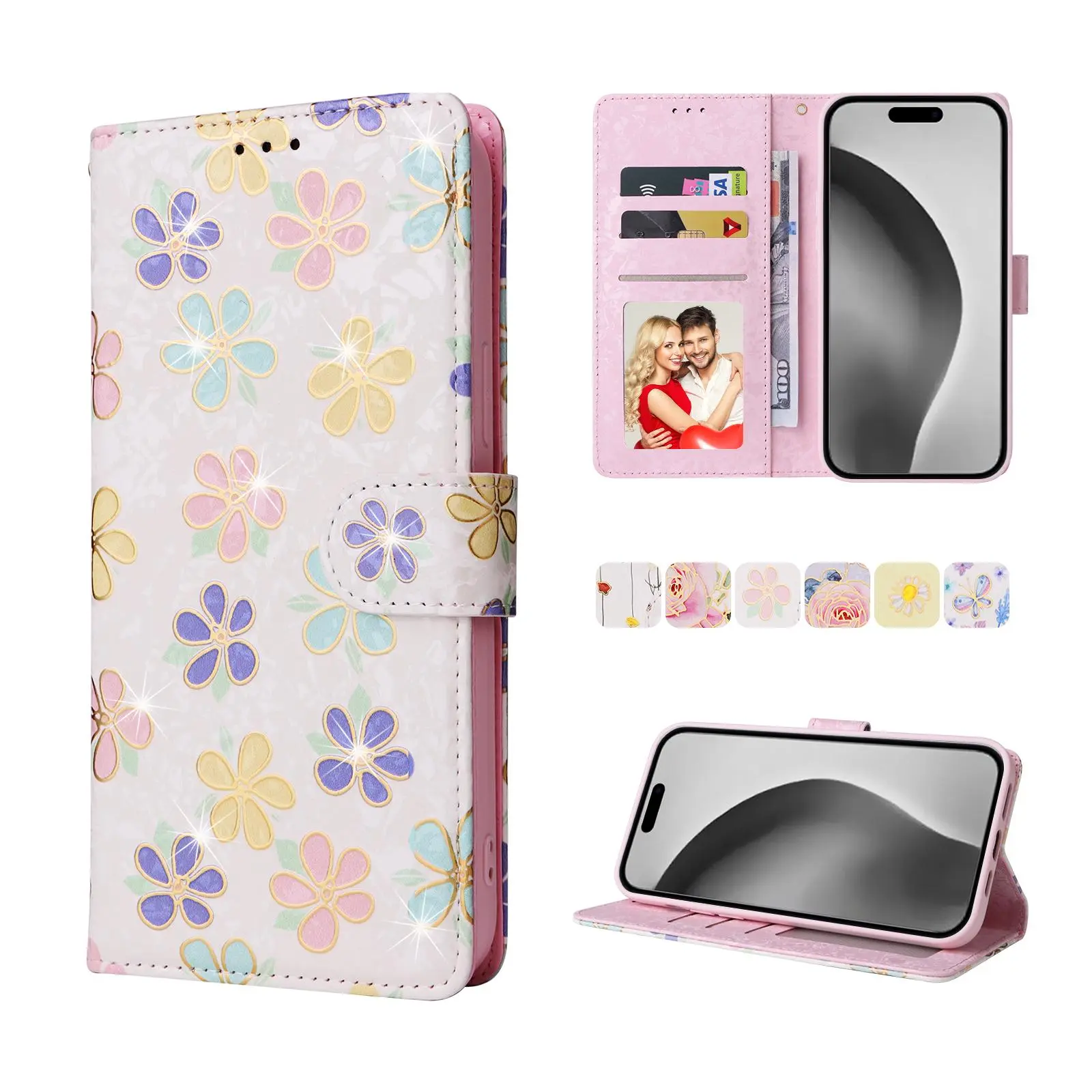 Flower & Butterfly Pattern Phone Case with Card Slot, PU Leather Flip Stand Phone Case, Anti-theft Brush Phone Accessories for iPhone 11 12 13 14 15 16 Plus Pro Max, Cover