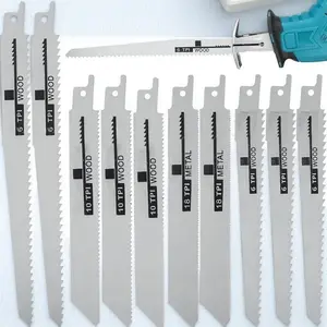 10pc Reciprocating Saw Blade Set Bi-Metal Tungsten Carbide Coated for Wood Steel Plastic Stone Cutting Wall Groove Pipe Metal Sheet Durable Heavy Duty Multi-Purpose Professional Saw Blades Kit Hardware