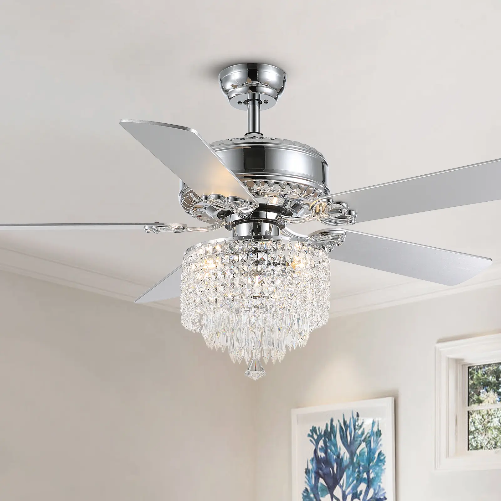 Chandelier Ceiling Fan with Remote, 52 Inch Crystal Fan Light, Indoor Fan Ceiling with 3 Speed, Silent Reversible Motor, Dual-Sided Blades, Timer, Balance Kit - Chrome