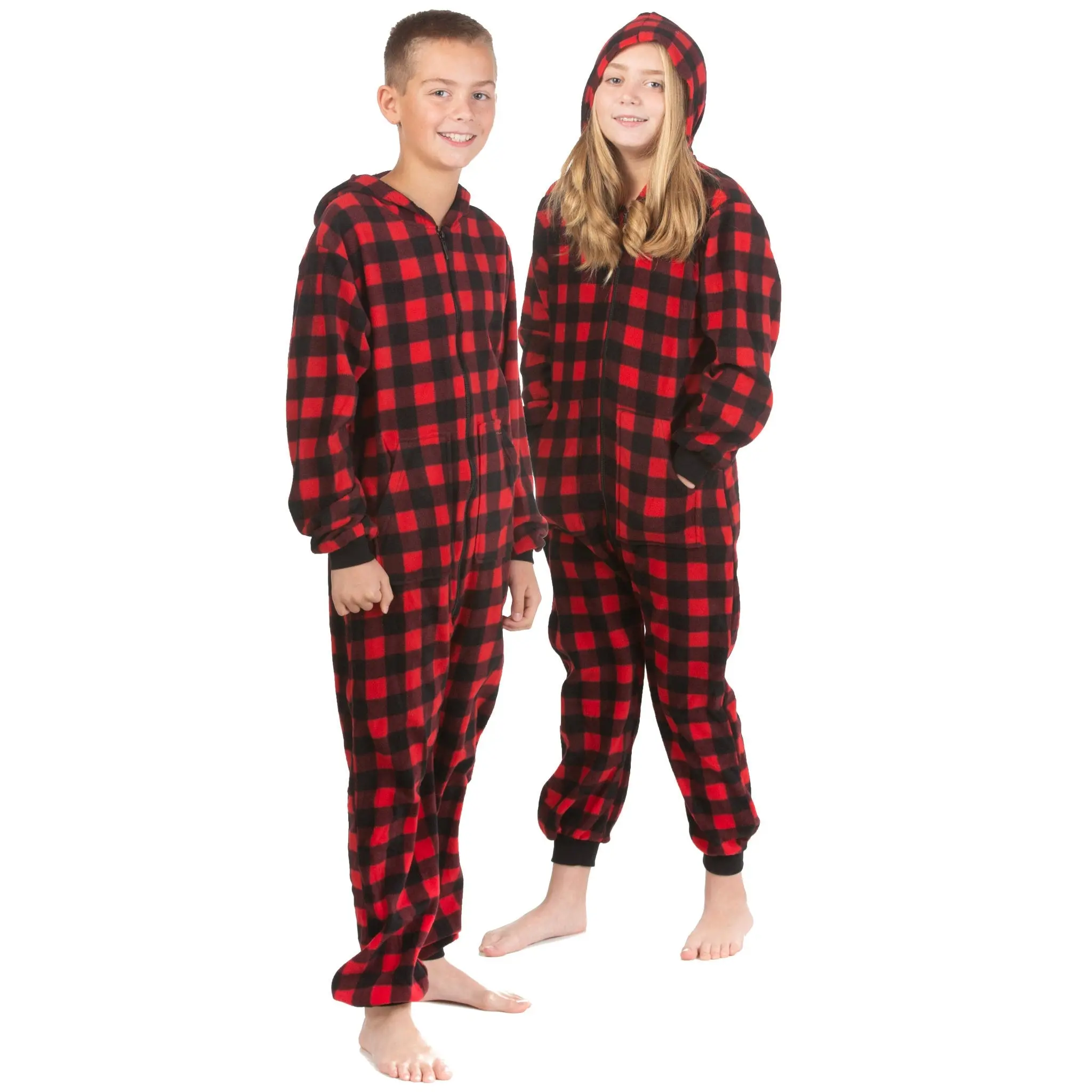 Red & Black Buffalo Plaid Fleece Hooded Footless Onesie Jumpsuit Pajamas for Boys & Girls