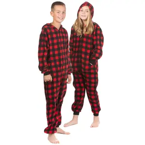 Red & Black Buffalo Plaid Fleece Hooded Footless Onesie Jumpsuit Pajamas for Boys & Girls